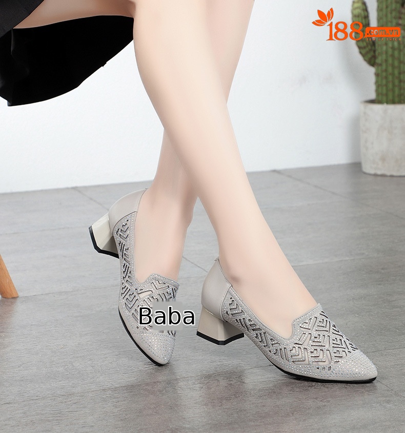 Sandal nữ quai chữ V gót thấp da thật lưới thoáng khí — màu đen chi tiết 9
