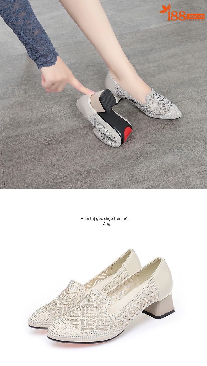 Sandal nữ quai chữ V gót thấp da thật lưới thoáng khí — màu đen chi tiết 12