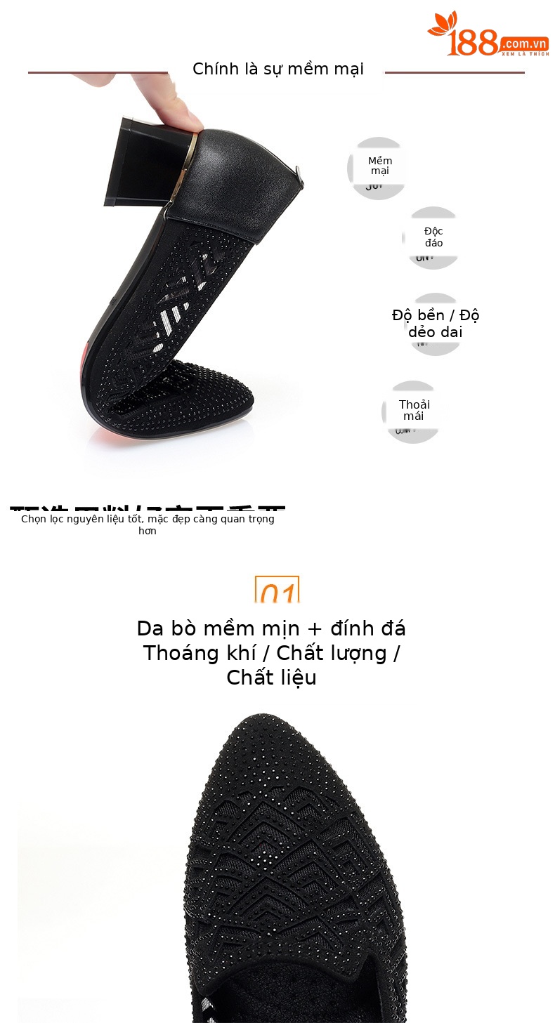 Sandal nữ quai chữ V gót thấp da thật lưới thoáng khí — màu đen chi tiết 1