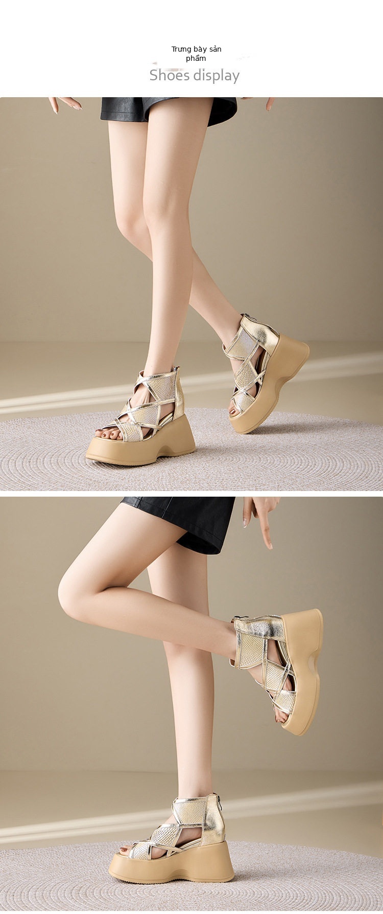 Sandal cao gót nữ hở mũi đế xuồng 10 cm, phong cách đơn giản, tăng chiều cao — [Màu kem], [Màu bạc] chi tiết 2