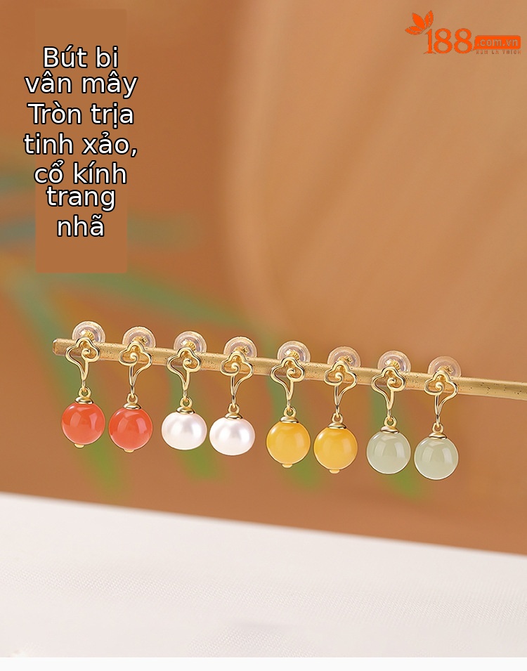 Khuyên tai bạc S925 mạ vàng đính đá hổ phách, ngọc trai, họa tiết mây lành – phong cách Tân Trung Hoa — Màu hổ phách chi tiết 1