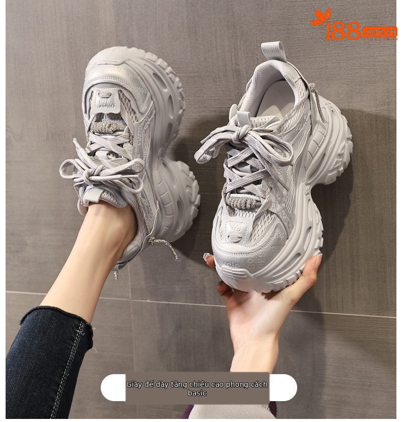 Giày sneaker nữ đế dày tăng chiều cao 9 cm phong cách dad sneaker — Tro thô chi tiết 1