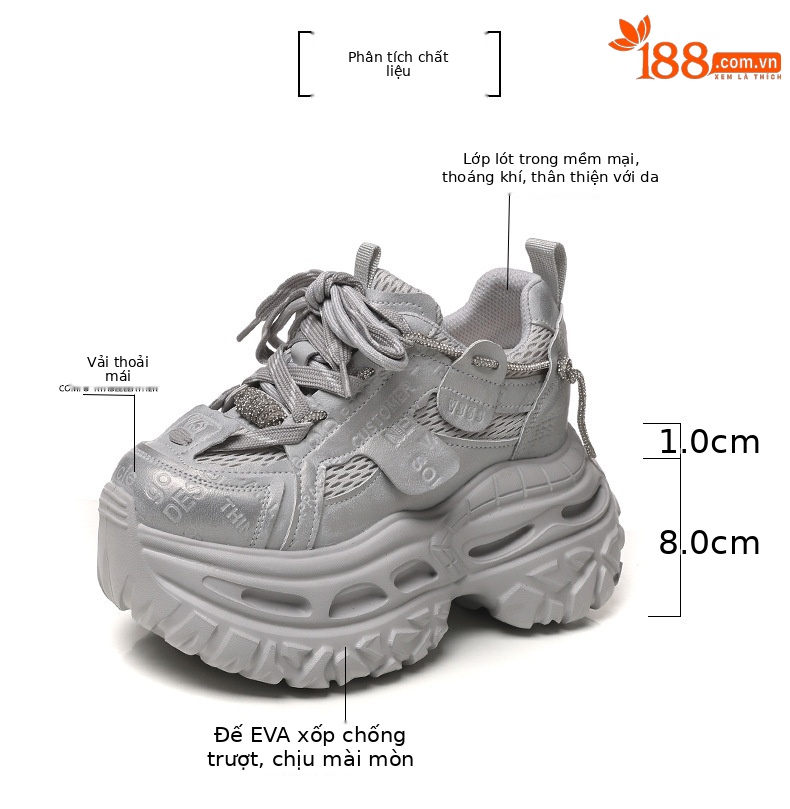 Giày sneaker nữ đế dày tăng chiều cao 9 cm phong cách dad sneaker — Tro thô chi tiết 3