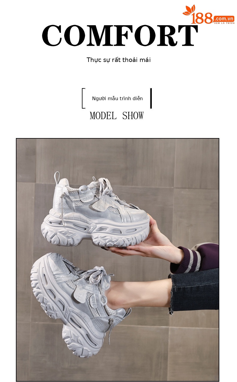 Giày sneaker nữ đế dày tăng chiều cao 9 cm phong cách dad sneaker — Tro thô chi tiết 11