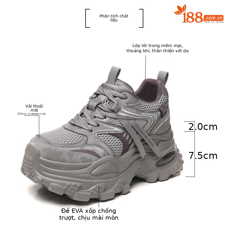 Giày sneaker nữ chunky đế dày lưới thoáng khí tăng chiều cao — màu tím chi tiết 3