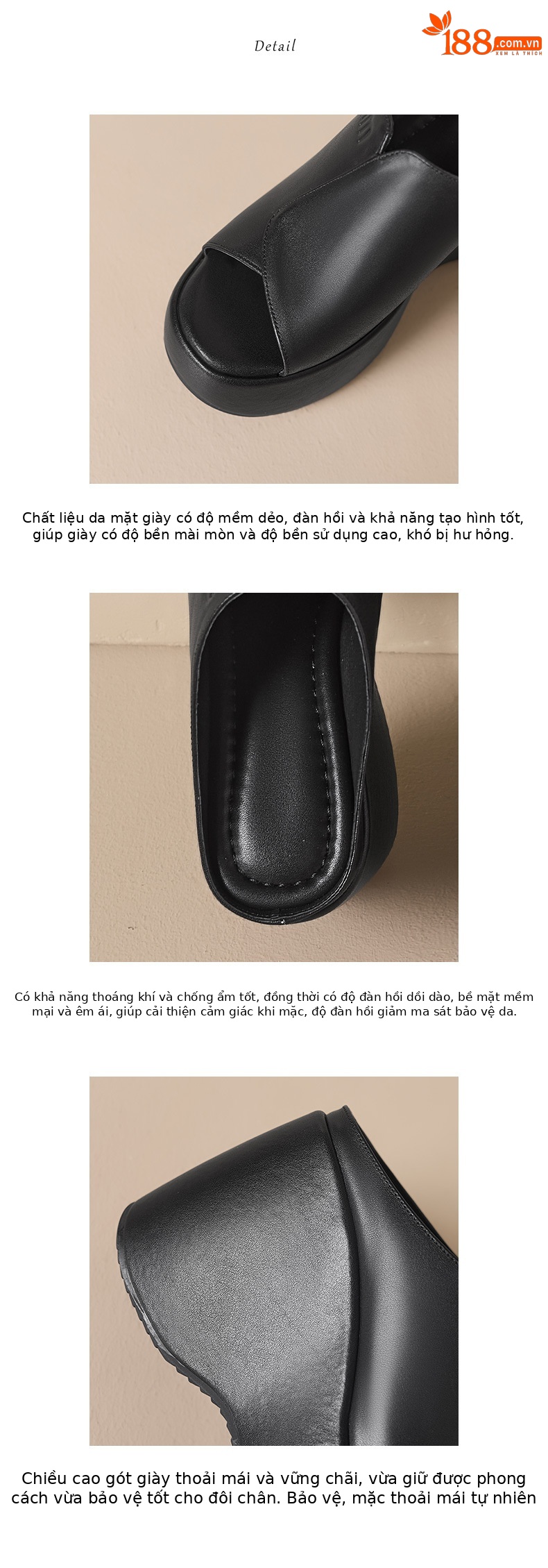 Dép sandal nữ quai chữ V đế xuồng cao 10 cm, chất liệu da thật, nhẹ nhàng — màu đen, Trắng kem- chi tiết 4