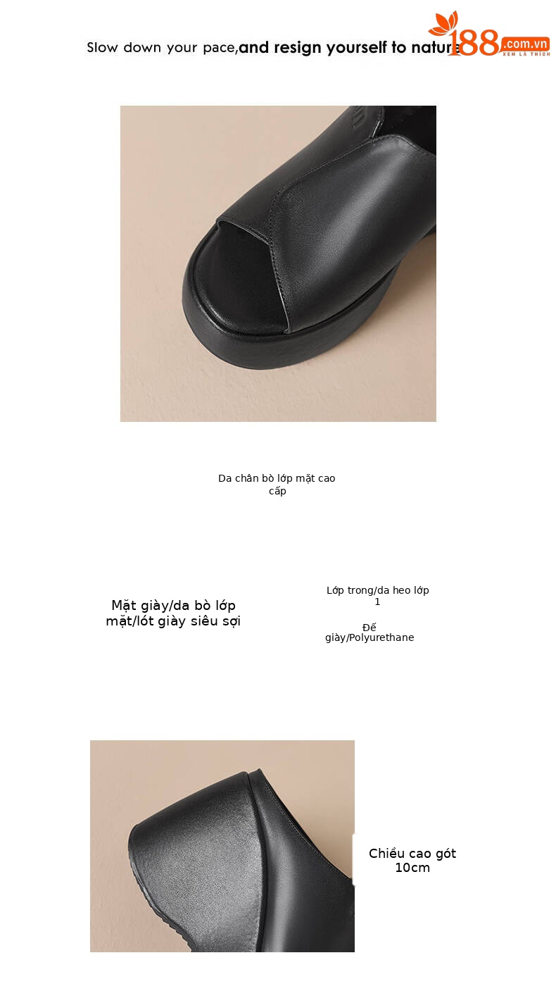 Dép sandal nữ quai chữ V đế xuồng cao 10 cm, chất liệu da thật, nhẹ nhàng — màu đen, Trắng kem- chi tiết 3