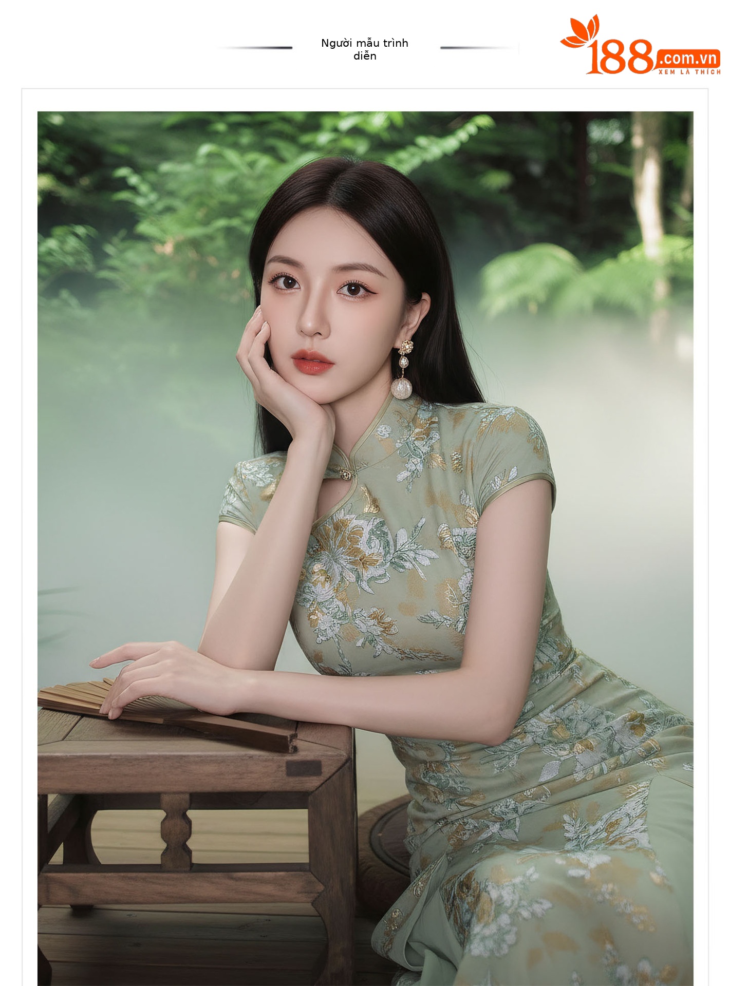 Đầm maxi nữ cổ đứng ren hoa thêu tay dài — Xanh lá cây nhạtcolor chi tiết 1