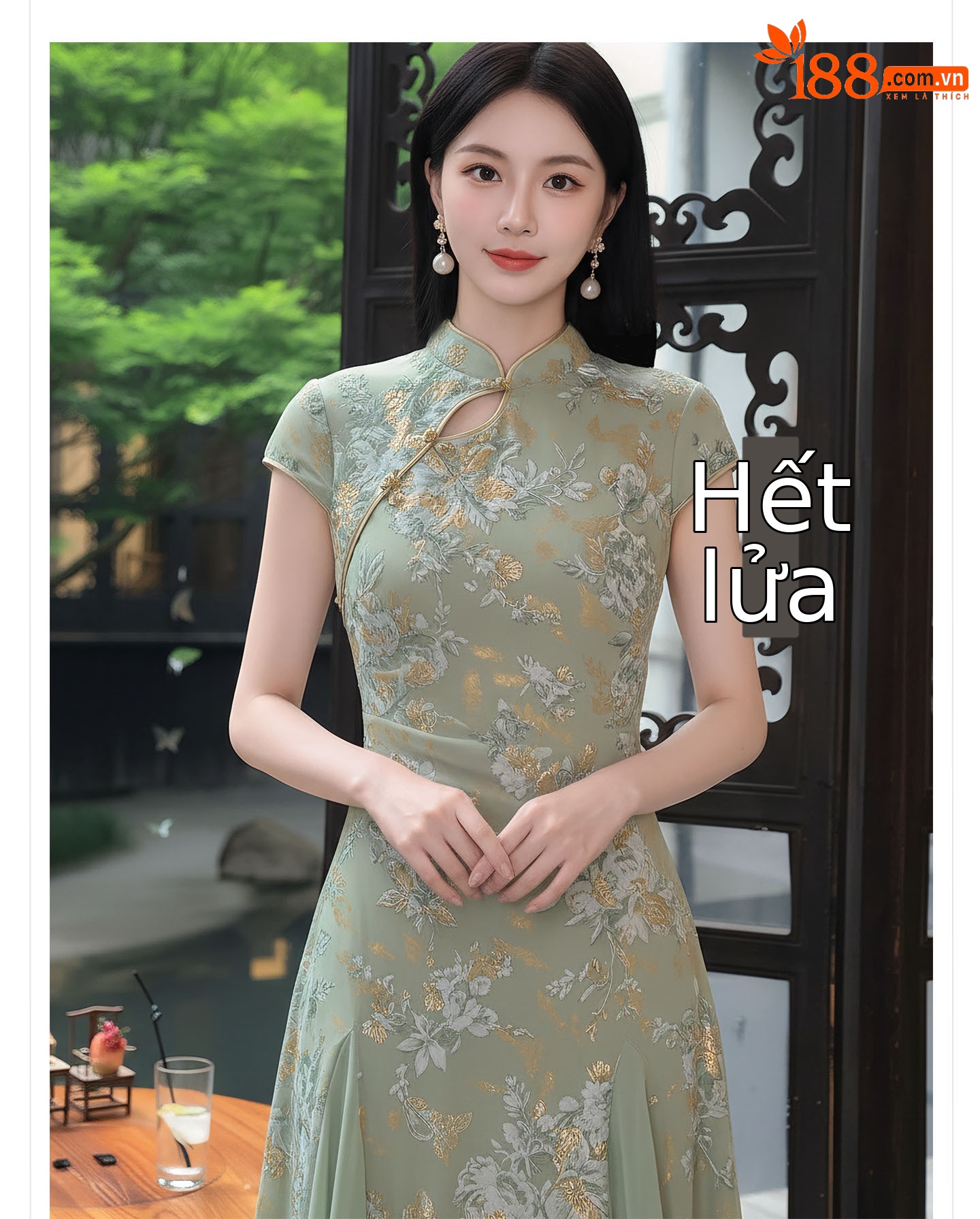 Đầm maxi nữ cổ đứng ren hoa thêu tay dài — Xanh lá cây nhạtcolor chi tiết 7