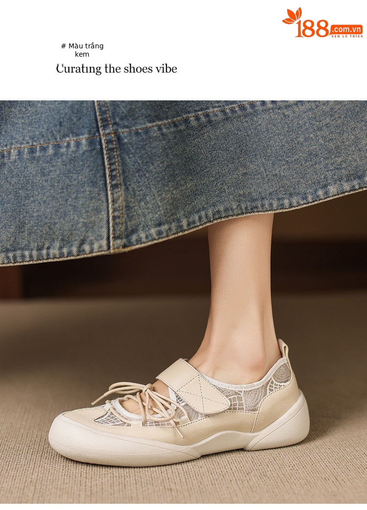 Giày sneaker nữ đế dày ren lưới phối màu cổ thấp — màu trắng ngà chi tiết 10