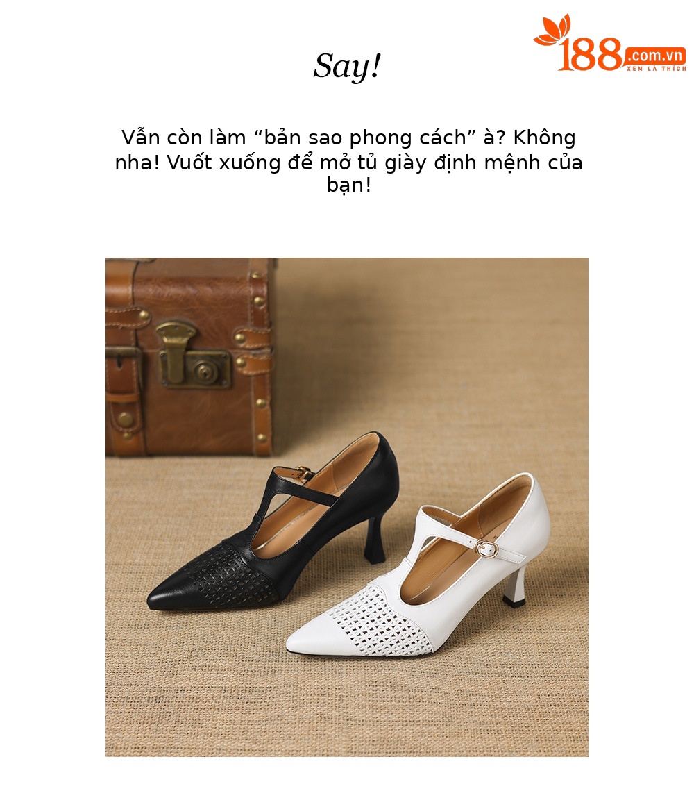 Giày cao gót nữ mũi nhọn da bò quai chữ T, gót 7 cm, kiểu hở mũi — đen chi tiết 2