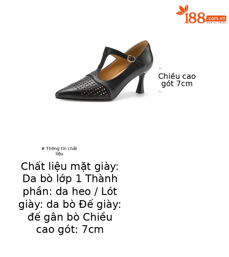 Giày cao gót nữ mũi nhọn da bò quai chữ T, gót 7 cm, kiểu hở mũi — đen chi tiết 3