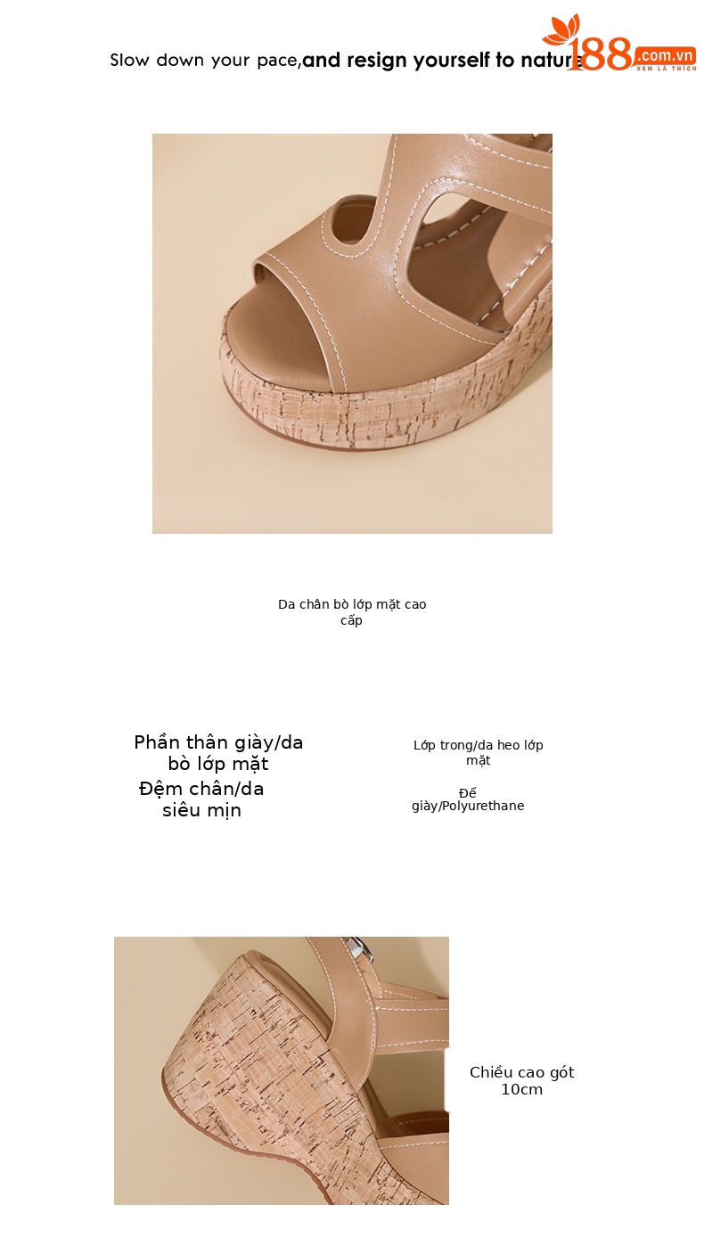 Sandal cao gót nữ đế platform hở mũi da thật gót 10 cm phong cách La Mã — màu đen, màu nâu nhạt chi tiết 3