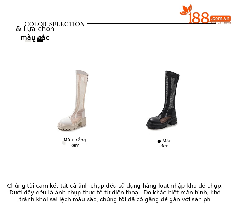 Boot nữ cổ cao ôm bắp chân chất liệu da thật, đế dày, phối lưới thoáng khí, khóa kéo bên hông — Ống rộng màu trắng kem, Ống rộng màu đen, Ống tiêu chuẩn màu trắng kem, Ống tiêu chuẩn màu đen chi tiết 2