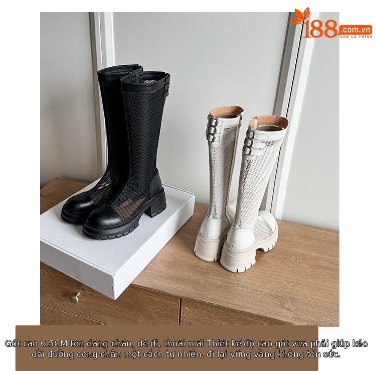 Boot nữ cổ cao ôm bắp chân chất liệu da thật, đế dày, phối lưới thoáng khí, khóa kéo bên hông — Ống rộng màu trắng kem, Ống rộng màu đen, Ống tiêu chuẩn màu trắng kem, Ống tiêu chuẩn màu đen chi tiết 6