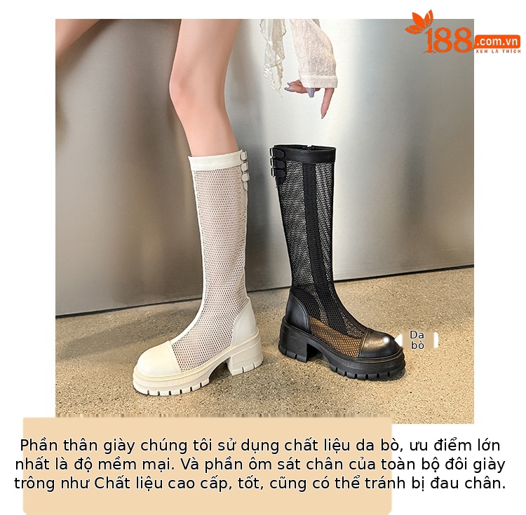 Boot nữ cổ cao ôm bắp chân chất liệu da thật, đế dày, phối lưới thoáng khí, khóa kéo bên hông — Ống rộng màu trắng kem, Ống rộng màu đen, Ống tiêu chuẩn màu trắng kem, Ống tiêu chuẩn màu đen chi tiết 7