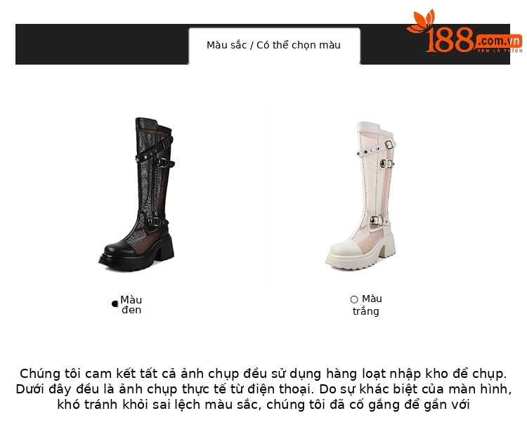 Boot nữ cổ cao lưới xuyên thấu đinh tán đế dày da thật — Ống rộng trắng kem, Ống rộng đen, Ống tiêu chuẩn trắng kem, Ống tiêu chuẩn đen chi tiết 3