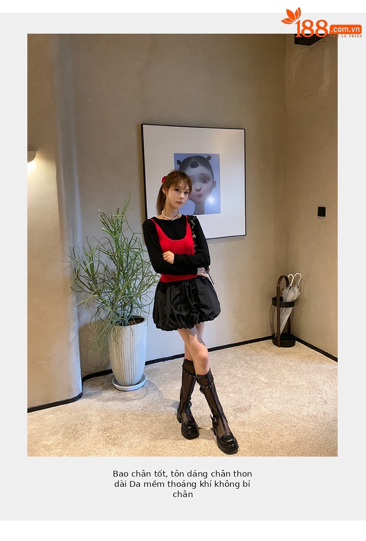 Boot nữ cổ cao lưới xuyên thấu đinh tán đế dày da thật — Ống rộng trắng kem, Ống rộng đen, Ống tiêu chuẩn trắng kem, Ống tiêu chuẩn đen chi tiết 5