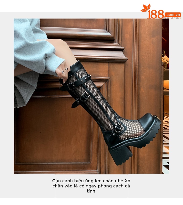 Boot nữ cổ cao lưới xuyên thấu đinh tán đế dày da thật — Ống rộng trắng kem, Ống rộng đen, Ống tiêu chuẩn trắng kem, Ống tiêu chuẩn đen chi tiết 7
