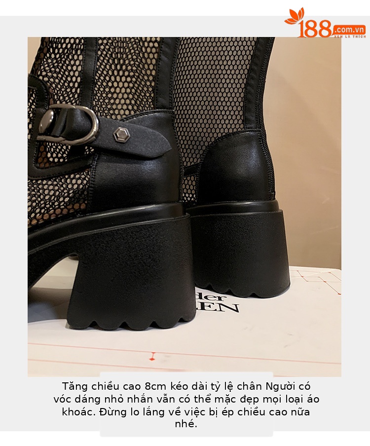 Boot nữ cổ cao lưới xuyên thấu đinh tán đế dày da thật — Ống rộng trắng kem, Ống rộng đen, Ống tiêu chuẩn trắng kem, Ống tiêu chuẩn đen chi tiết 8