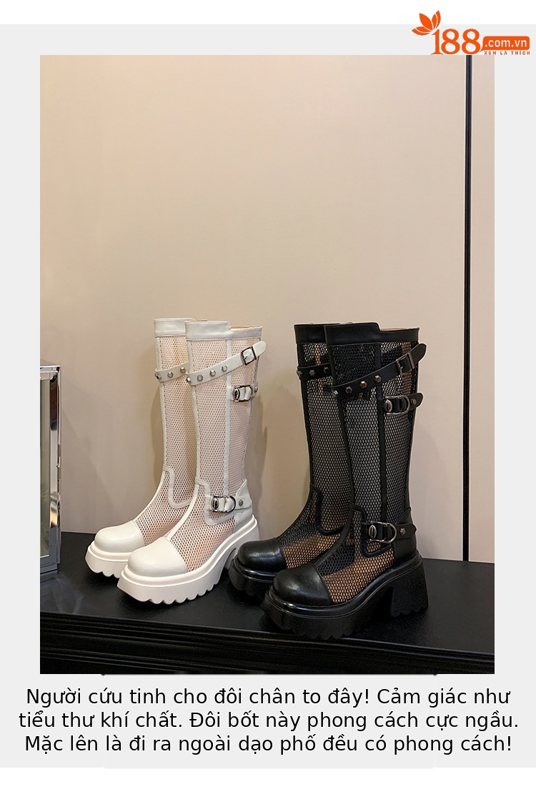 Boot nữ cổ cao lưới xuyên thấu đinh tán đế dày da thật — Ống rộng trắng kem, Ống rộng đen, Ống tiêu chuẩn trắng kem, Ống tiêu chuẩn đen chi tiết 10