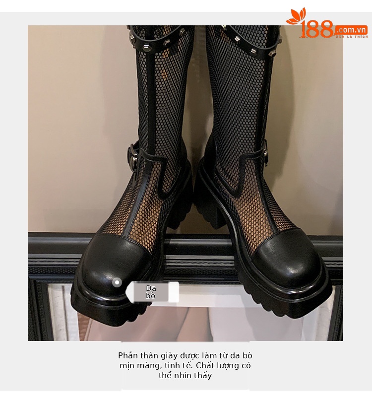 Boot nữ cổ cao lưới xuyên thấu đinh tán đế dày da thật — Ống rộng trắng kem, Ống rộng đen, Ống tiêu chuẩn trắng kem, Ống tiêu chuẩn đen chi tiết 11