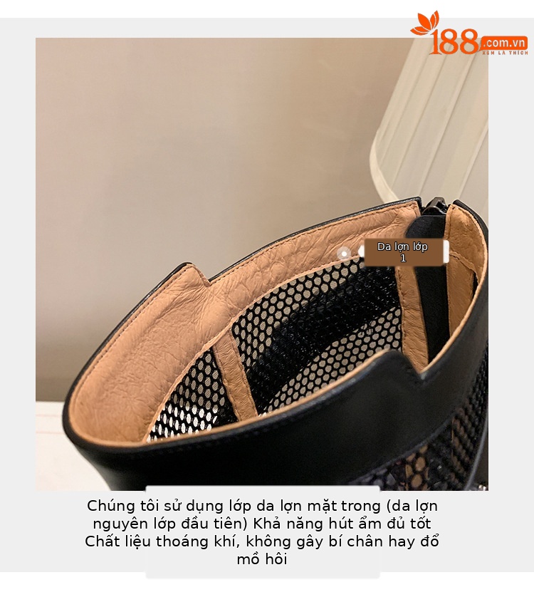 Boot nữ cổ cao lưới xuyên thấu đinh tán đế dày da thật — Ống rộng trắng kem, Ống rộng đen, Ống tiêu chuẩn trắng kem, Ống tiêu chuẩn đen chi tiết 12