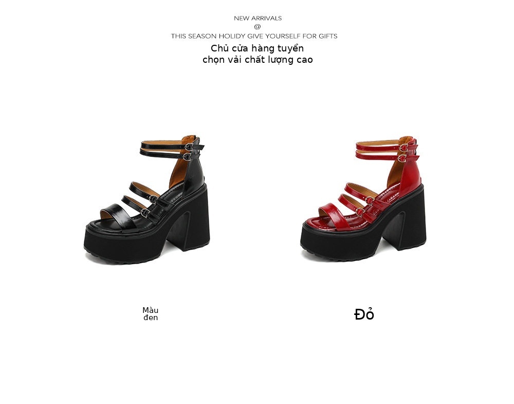 Sandal cao gót nữ hở mũi đế xuồng 12 cm phong cách La Mã — [Đen], [Đỏ] chi tiết 2