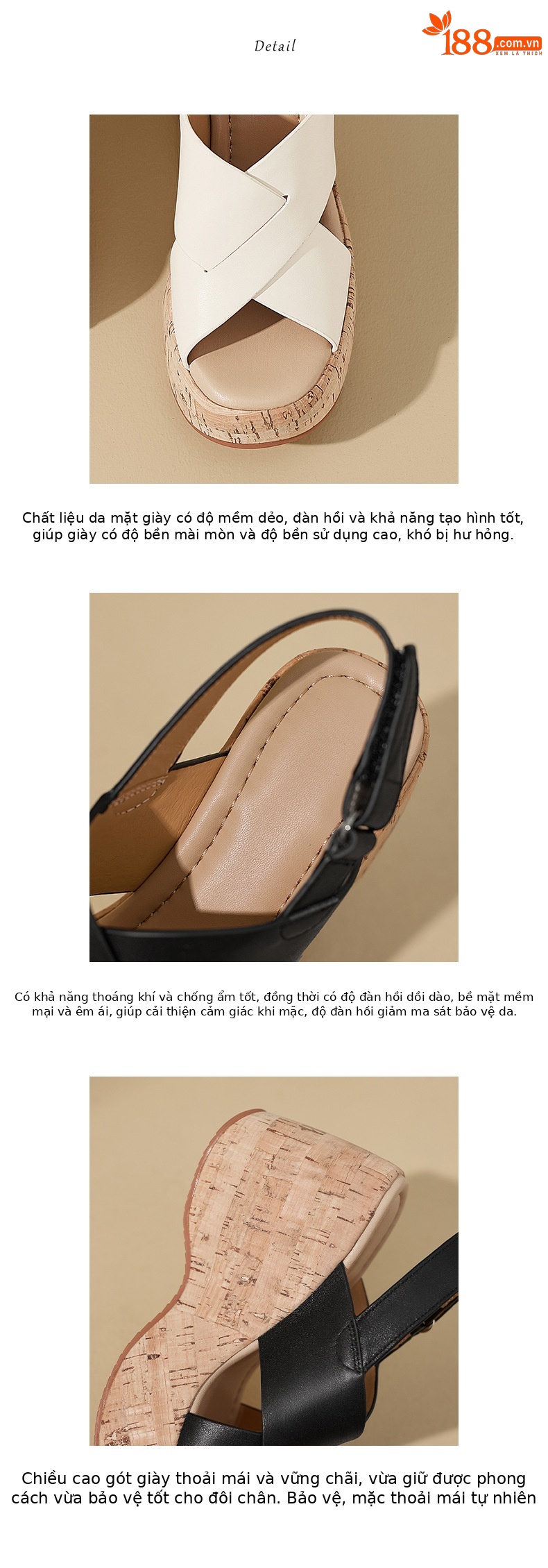 Sandal cao gót nữ quai chéo hở mũi đế xuồng 10cm da bò thật phong cách La Mã — màu đen, màu trắng ngà chi tiết 4