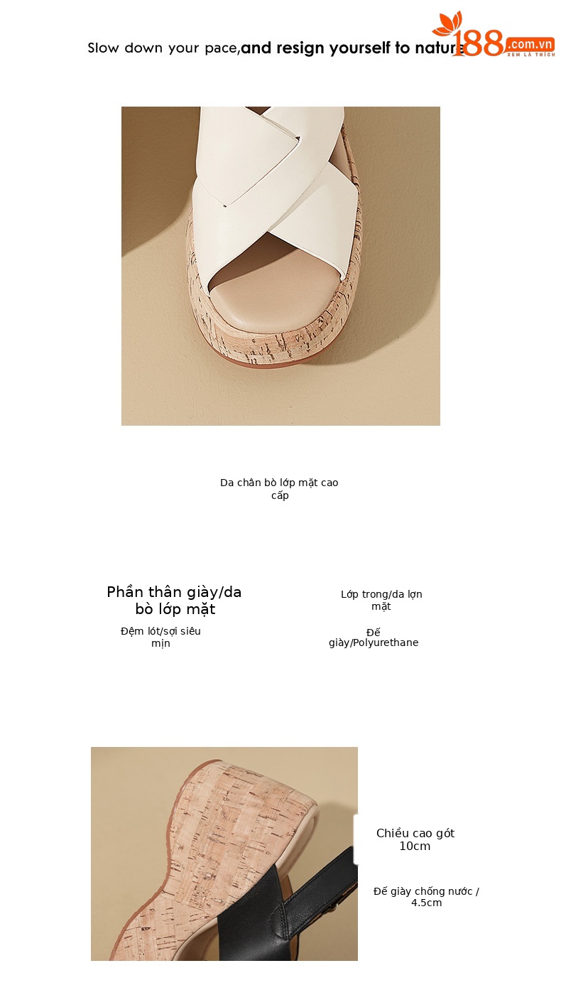 Sandal cao gót nữ quai chéo hở mũi đế xuồng 10cm da bò thật phong cách La Mã — màu đen, màu trắng ngà chi tiết 3