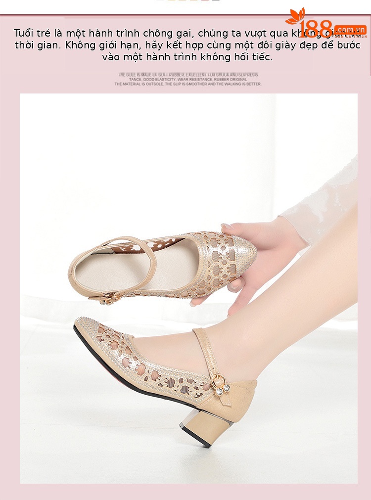 Sandal nữ da thật lưới hở mũi gót trung 4,5 cm đế mềm thoáng khí — Vàng【Gót trung 4.5cm】 chi tiết 2