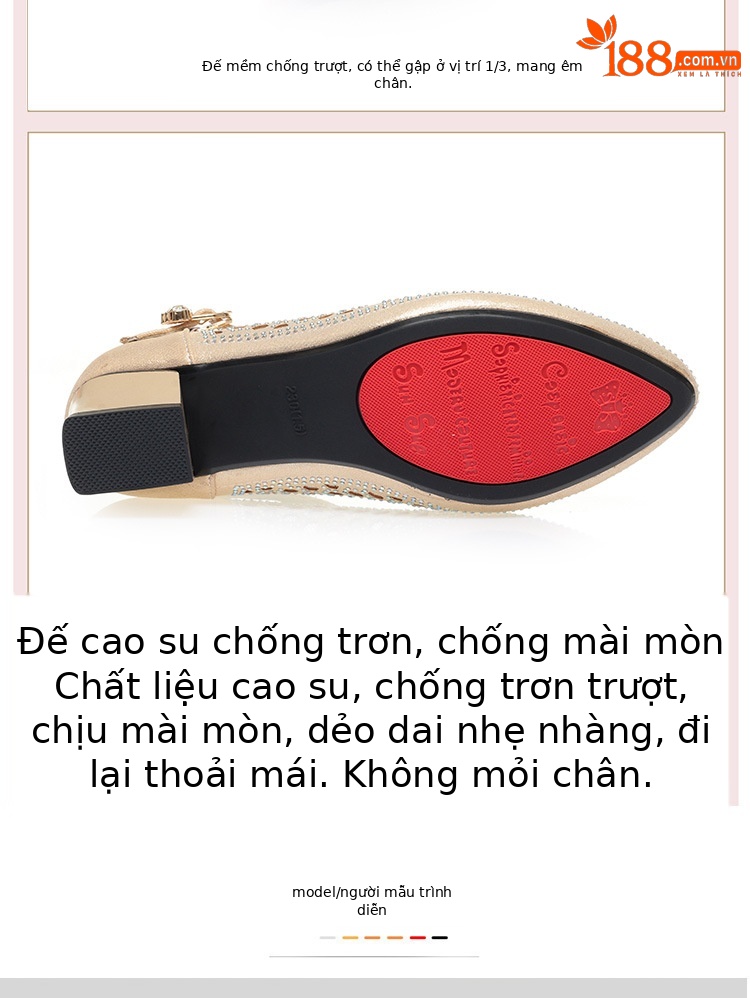 Sandal nữ da thật lưới hở mũi gót trung 4,5 cm đế mềm thoáng khí — Vàng【Gót trung 4.5cm】 chi tiết 4