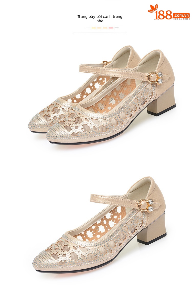 Sandal nữ da thật lưới hở mũi gót trung 4,5 cm đế mềm thoáng khí — Vàng【Gót trung 4.5cm】 chi tiết 8