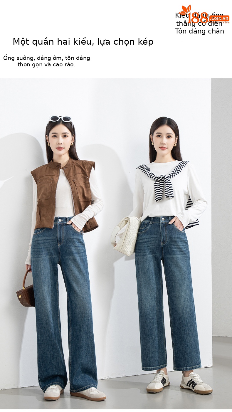 Quần jean nữ ống rộng cạp cao 4 chiều co giãn dáng suông dài 9 phần — Màu xanh - chiều dài quần lửng (94M) chi tiết 1