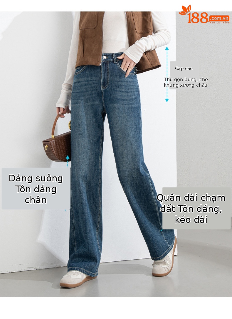 Quần jean nữ ống rộng cạp cao 4 chiều co giãn dáng suông dài 9 phần — Màu xanh - chiều dài quần lửng (94M) chi tiết 4