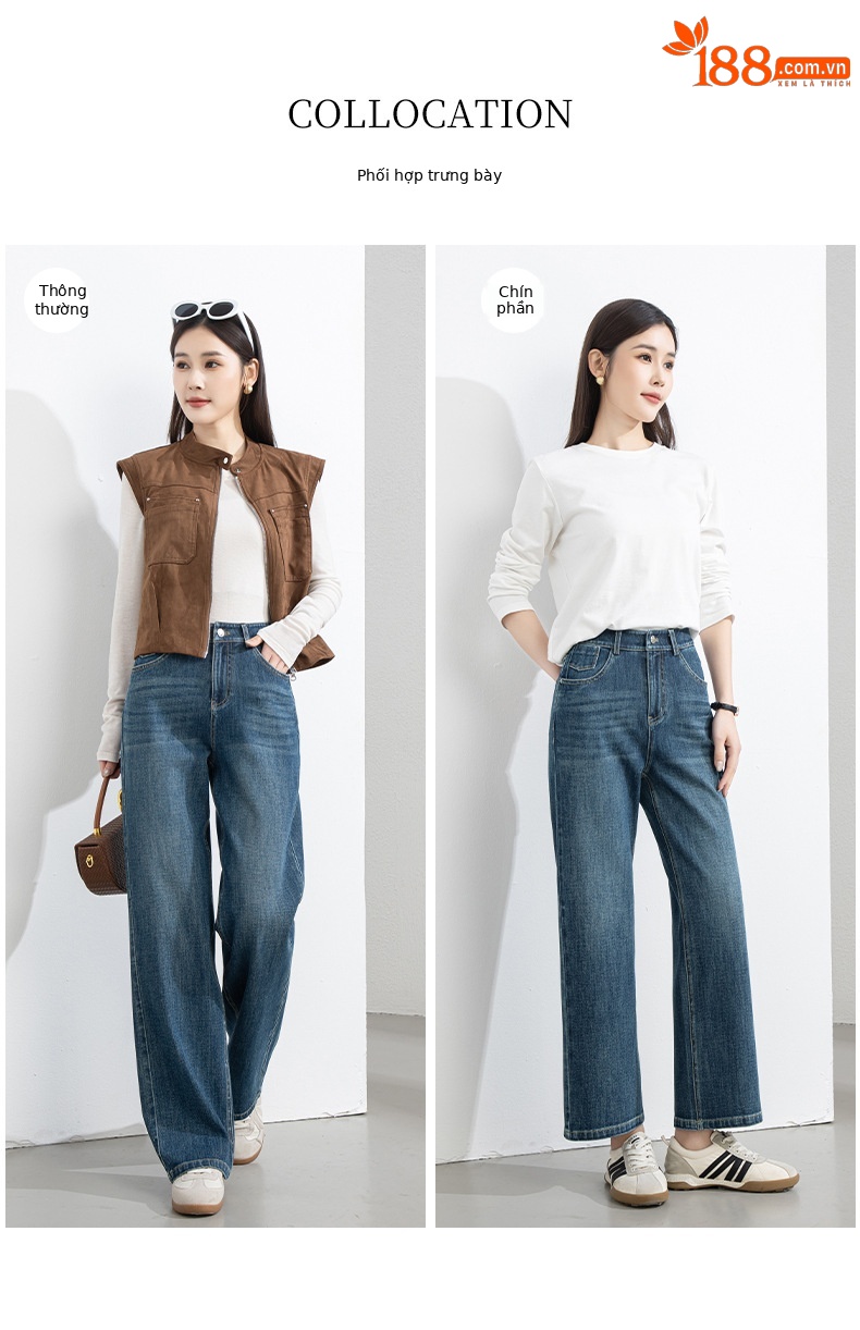 Quần jean nữ ống rộng cạp cao 4 chiều co giãn dáng suông dài 9 phần — Màu xanh - chiều dài quần lửng (94M) chi tiết 6