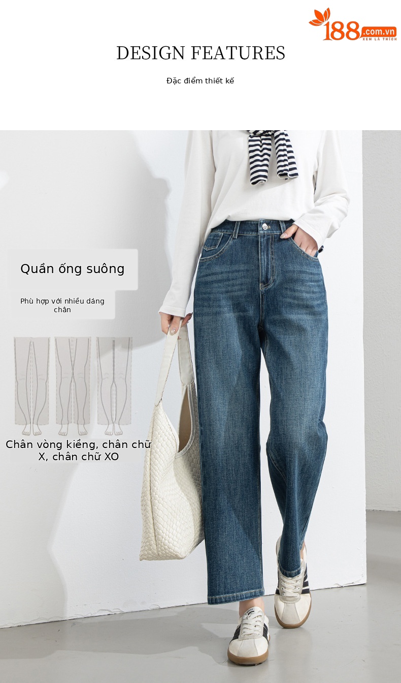 Quần jean nữ ống rộng cạp cao 4 chiều co giãn dáng suông dài 9 phần — Màu xanh - chiều dài quần lửng (94M) chi tiết 7