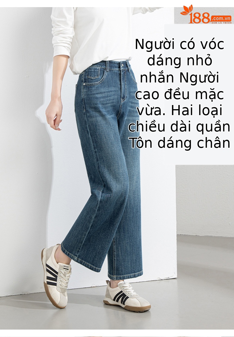 Quần jean nữ ống rộng cạp cao 4 chiều co giãn dáng suông dài 9 phần — Màu xanh - chiều dài quần lửng (94M) chi tiết 8