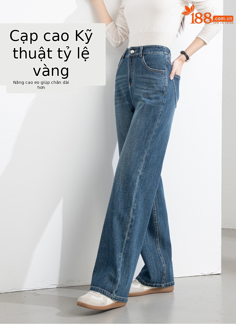 Quần jean nữ ống rộng cạp cao 4 chiều co giãn dáng suông dài 9 phần — Màu xanh - chiều dài quần lửng (94M) chi tiết 9