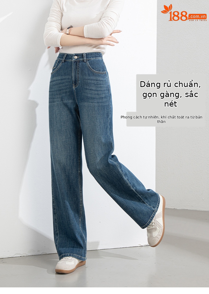 Quần jean nữ ống rộng cạp cao 4 chiều co giãn dáng suông dài 9 phần — Màu xanh - chiều dài quần lửng (94M) chi tiết 10
