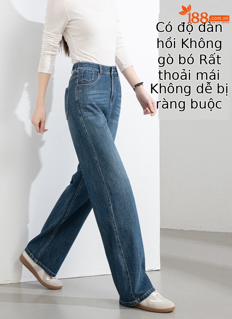 Quần jean nữ ống rộng cạp cao 4 chiều co giãn dáng suông dài 9 phần — Màu xanh - chiều dài quần lửng (94M) chi tiết 11