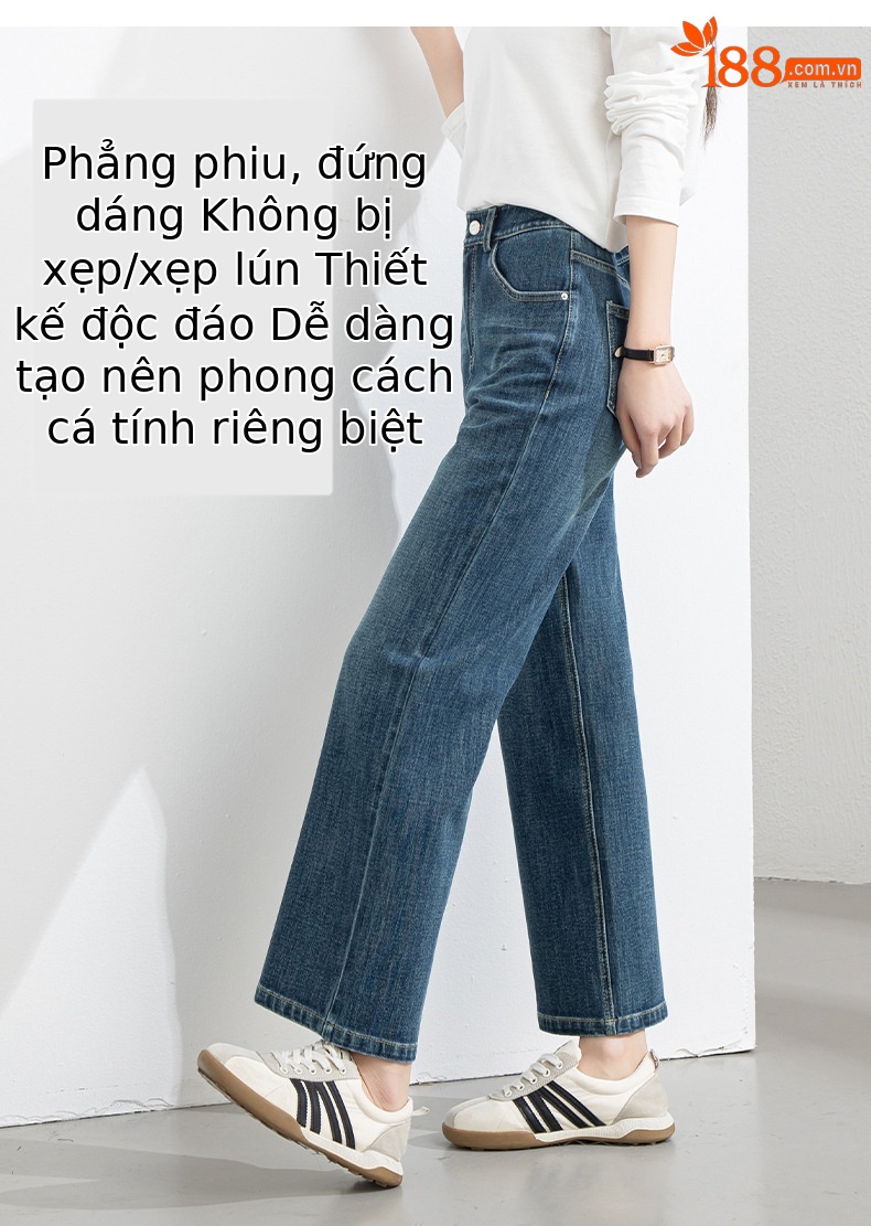 Quần jean nữ ống rộng cạp cao 4 chiều co giãn dáng suông dài 9 phần — Màu xanh - chiều dài quần lửng (94M) chi tiết 12