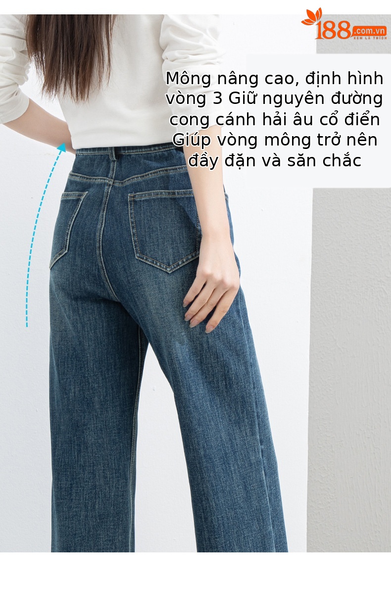 Quần jean nữ ống rộng cạp cao 4 chiều co giãn dáng suông dài 9 phần — Màu xanh - chiều dài quần lửng (94M) chi tiết 13