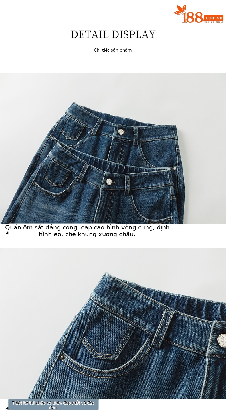Quần jean nữ ống rộng cạp cao 4 chiều co giãn dáng suông dài 9 phần — Màu xanh - chiều dài quần lửng (94M) chi tiết 14