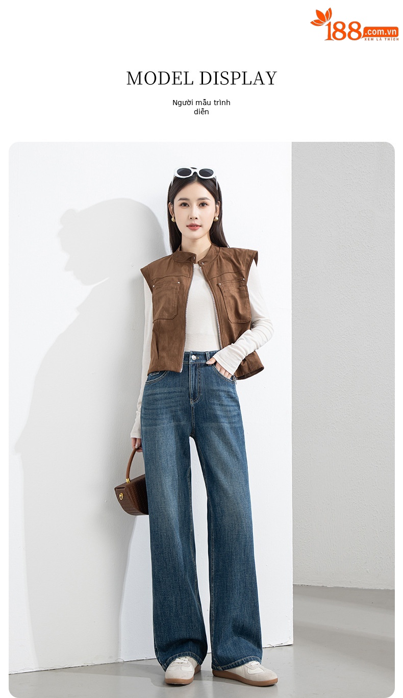 Quần jean nữ ống rộng cạp cao 4 chiều co giãn dáng suông dài 9 phần — Màu xanh - chiều dài quần lửng (94M) chi tiết 18