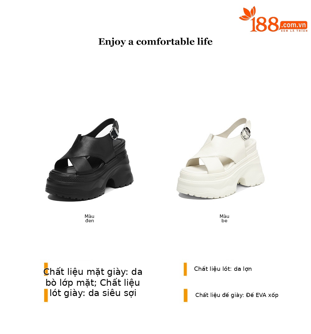 Sandal nữ da bò cao gót 12cm đế xuồng tăng chiều cao mùa hè — màu đen, màu trắng ngà chi tiết 3