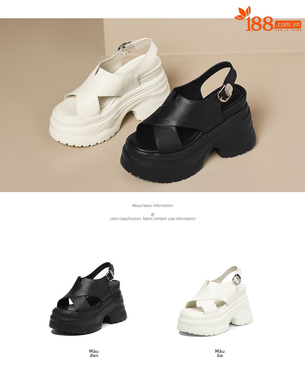 Sandal nữ da bò cao gót 12cm đế xuồng tăng chiều cao mùa hè — màu đen, màu trắng ngà chi tiết 5