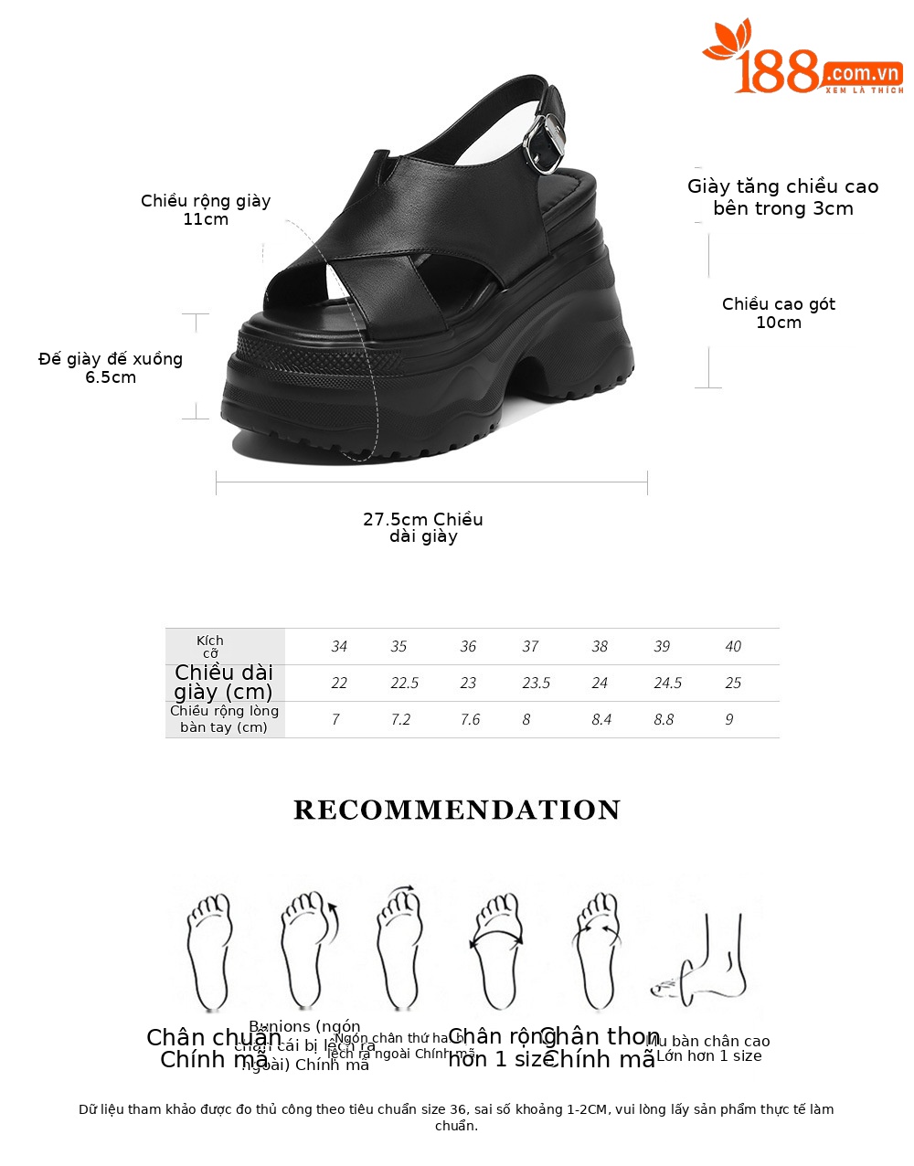 Sandal nữ da bò cao gót 12cm đế xuồng tăng chiều cao mùa hè — màu đen, màu trắng ngà chi tiết 4