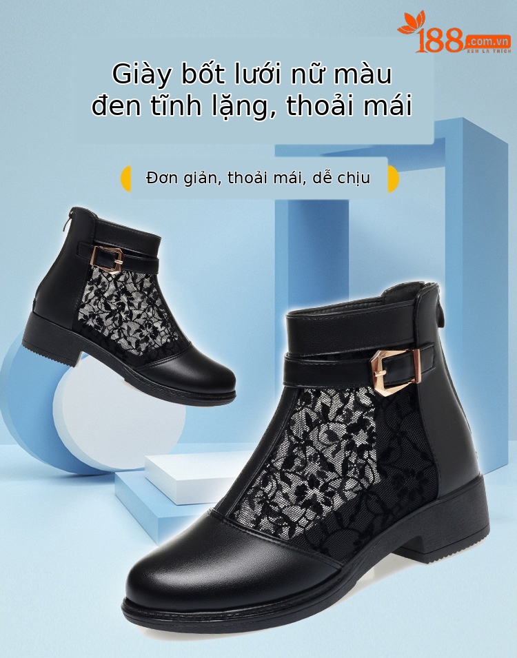 Boot lưới nữ đế thấp da thật mũi hở gót thấp kiểu dáng thoáng mát — màu đen chi tiết 1