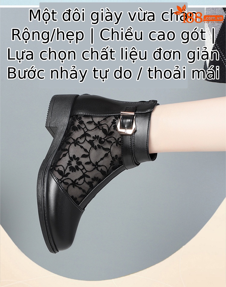 Boot lưới nữ đế thấp da thật mũi hở gót thấp kiểu dáng thoáng mát — màu đen chi tiết 2